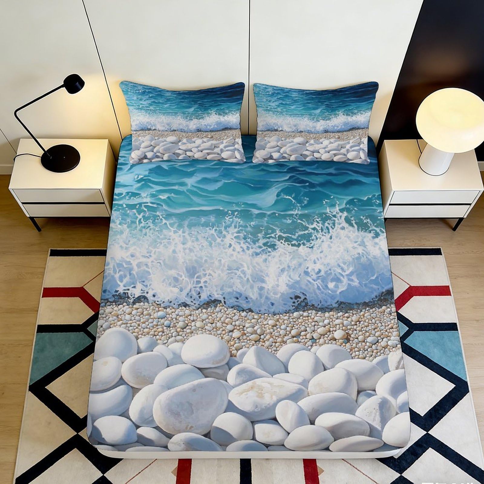 Uxinyoume Style-9 3D Printed Ocean Wave Fitted Sheet Microfiber Soft Beach Stone Bed Cover For Bedroom Guest Room Decor 90X200x25cm