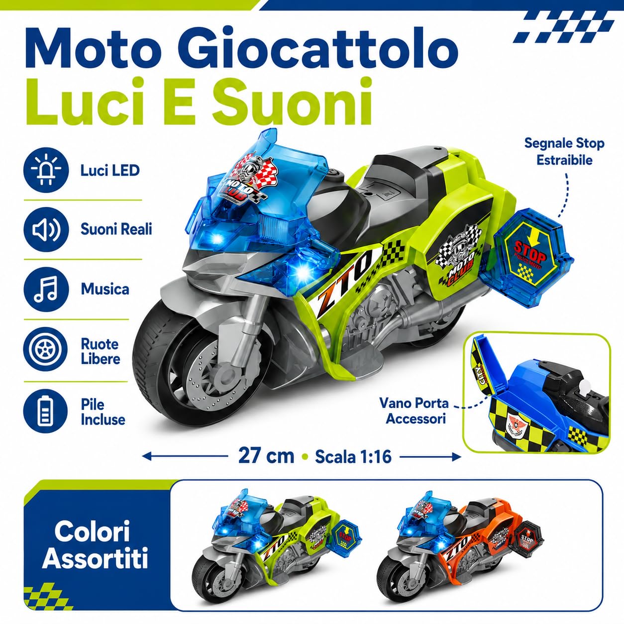 Moto de juguete con luces de sonido real, música, mega-moto, luces LED y sonidos, 27 cm, movimiento con ruedas libres, pilas incluidas, motor deportivo, motoclub, multifunción, con compartimento para