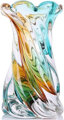Hand Blown Art Glass Sculpture Vase,Heavy Large Opening Swirl/Tear Drop Shape,Murano Style Glass Flower Vase for Home Accent,Modern Teal Amber Bedroom Decor,Coffee Table Centerpieces (Teal Amber)