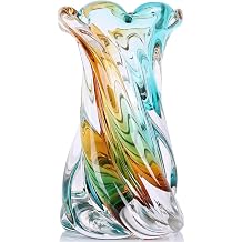 Hand Blown Art Glass Sculpture Vase,Heavy Large Opening Swirl/Tear Drop Shape,Murano Style Glass Flower Vase for Home Accent,Modern Teal Amber Bedroom Decor,Coffee Table Centerpieces Teal Amber