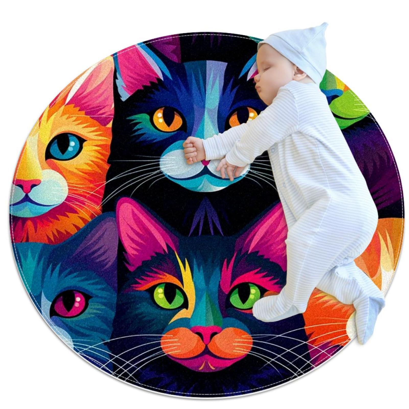 Tapis de salle de bain chat rond 1m antidérapant coloré pour chambre