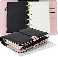 Koqye A7 Refillable 6-Ring Planner Binder Notebook - Portable PU Leather Organizer w/ Zipper Wallet, Refills, Dividers, Stickers & Pen (Black/Pink)