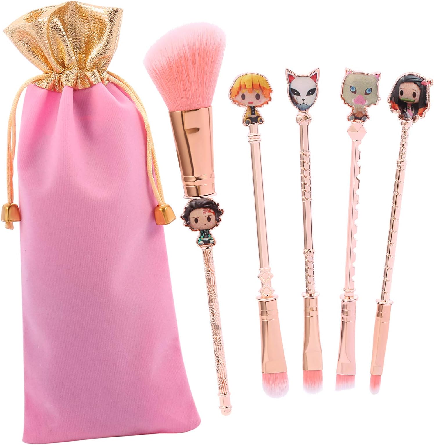Demon Slayer Makeup Brush Set - 5pcs Anime Peripheral Kimetsu No Yaiba Makeup Brushes Anime Weapon Series Metal Handle Makeup Tools Gift for Fans (Pink)