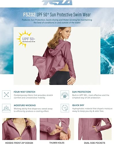 Miniatura 6 de TSLA - Camiseta de protección solar FPU 50+ con manga larga, capucha y cremallera frontal para mujer