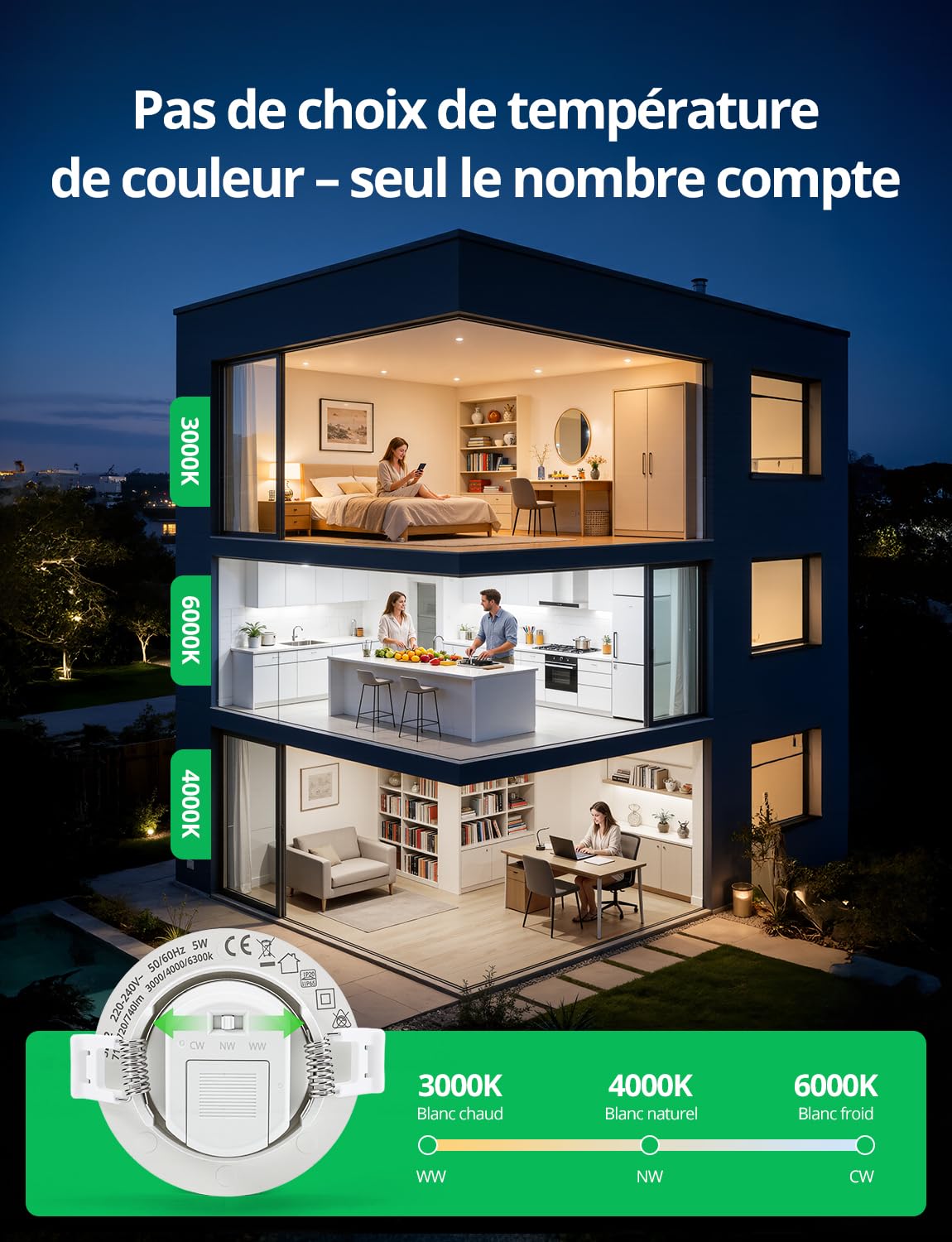 Bojim Spot LED Encastrable IP65 7W 700 lumens Trou 68-80mm pour Plafond Salle de Bain Lot de 20