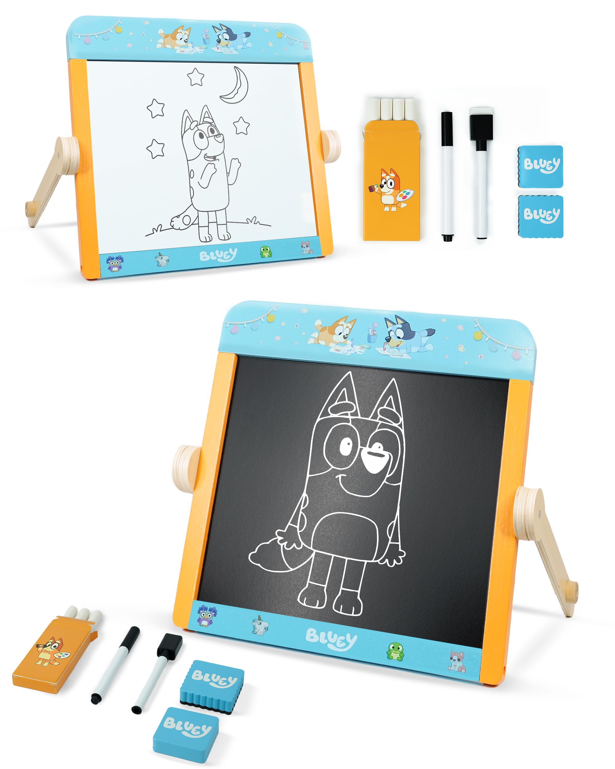 Bluey Tabletop Easel for Kids  2 in 1 Double-Sided Chalkboard and Whiteboard with Pen, Chalk & Eraser  Portable Drawing Board for Children