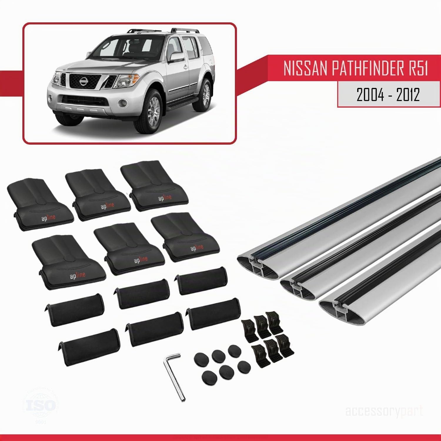 Compatible con Nissan Pathfinder 3 (R51) 2004-2012 Modelo Fly Barra de Techo Auto Portaequipajes Barras Transversales Gris Aluminio 3 Barras