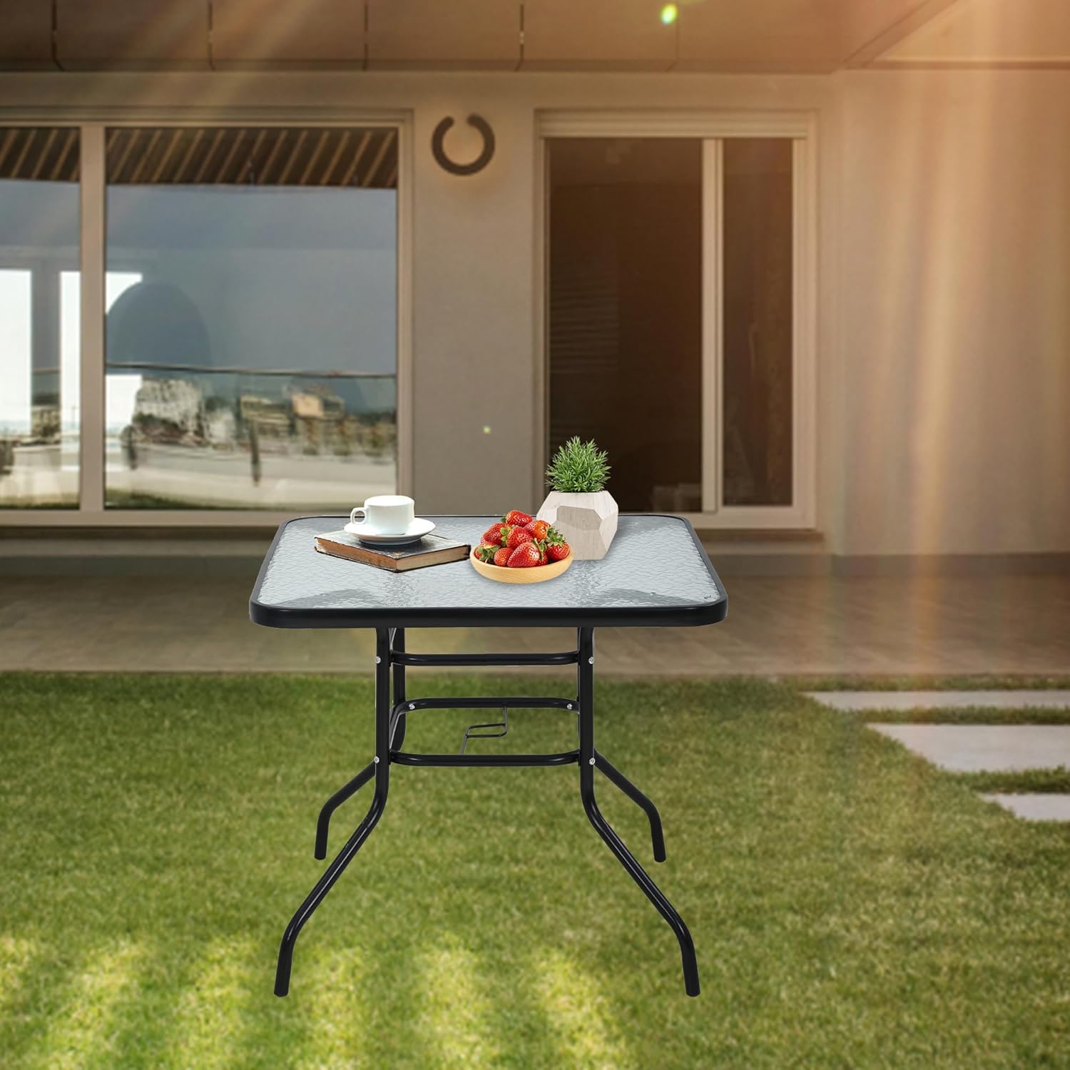 MKDLUFEI Patio Tabel Easy-clraning Outdoor Tabel with Umbrella Hole and Tempered Glass for Patio Garden Backyard 28”H x 32”W Black Bistro Table Outdoor Bar Table