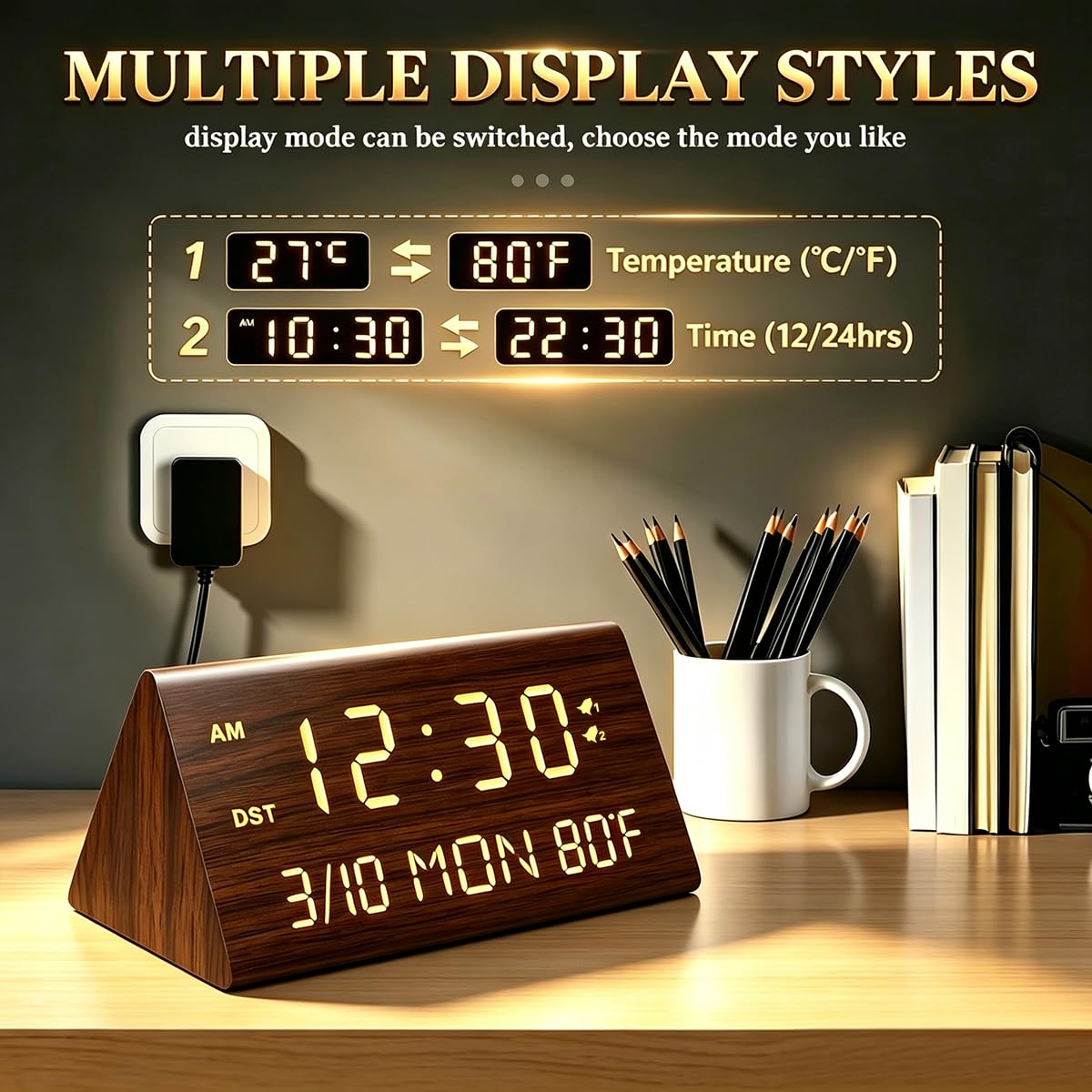 Kogonee Digitaler Wecker aus Holz, 0-100% Helligkeit Dimmer & Lautstärke, Temperaturerkennung, Datum, Wochentag/Wochenendmodus, Dual-Alarm, Holz-LED-Uhr für Schlafzimmer, Nachttisch (Braun)