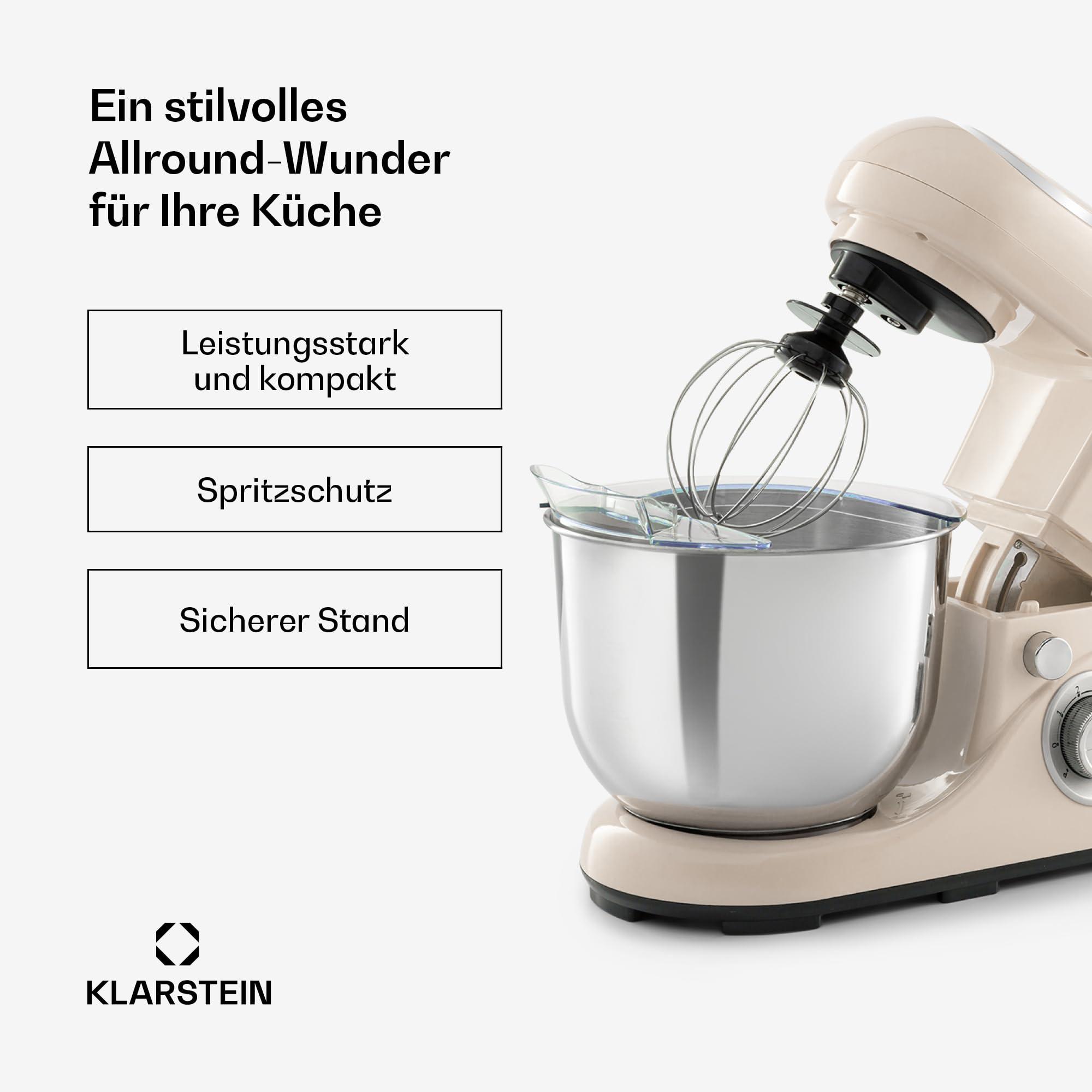 Klarstein Knetmaschine Küchenmaschine zum Backen, 1300W Teigmaschine Klein, 6 Stufen, Schneebesen Rühr- & Knethaken, 5L Schüssel, Planetenrührwerk, Rührmaschine mit Mixer, Küchenmaschinen für Brotteig