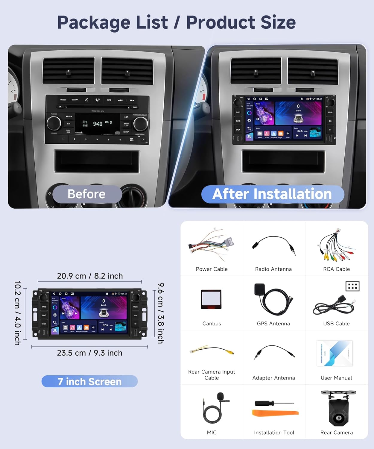 4G+64G Android Car Stereo for Jeep Wrangler JK 2007-2015 Dodge Ram 1500 2009-2011 with Wireless CarPlay Android Auto, 7 Inch Car Radio GPS Navigation WiFi SWC Bluetooth FM with Backup Camera