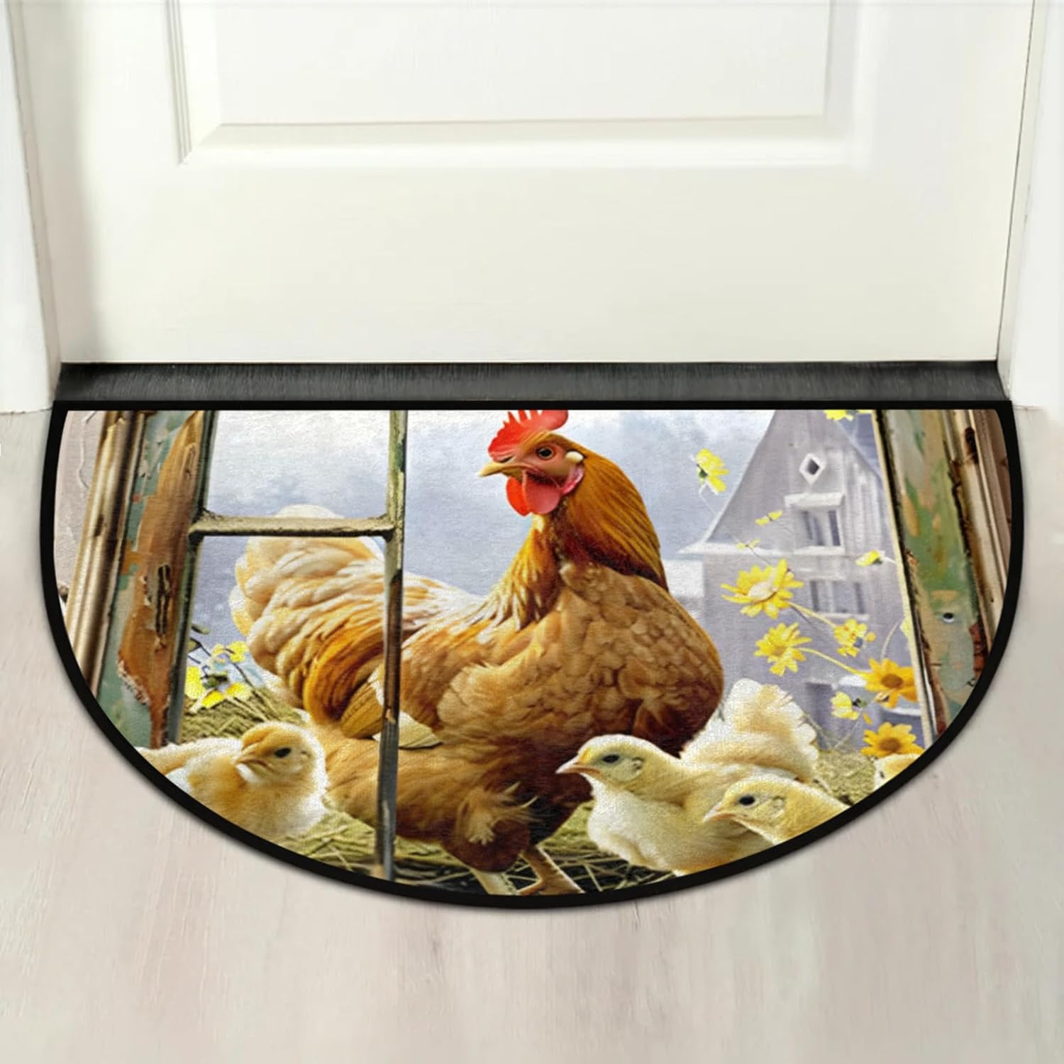 cfpolar Half Round Door Mat Retro Animals Rooster Flower Non-Slip Semi Circle Area Rug Washable Semi Circle Floor Rug for Indoor Outdoor Living Room Bathroom Kitchen Patio Hearth Rugs Home Decoration