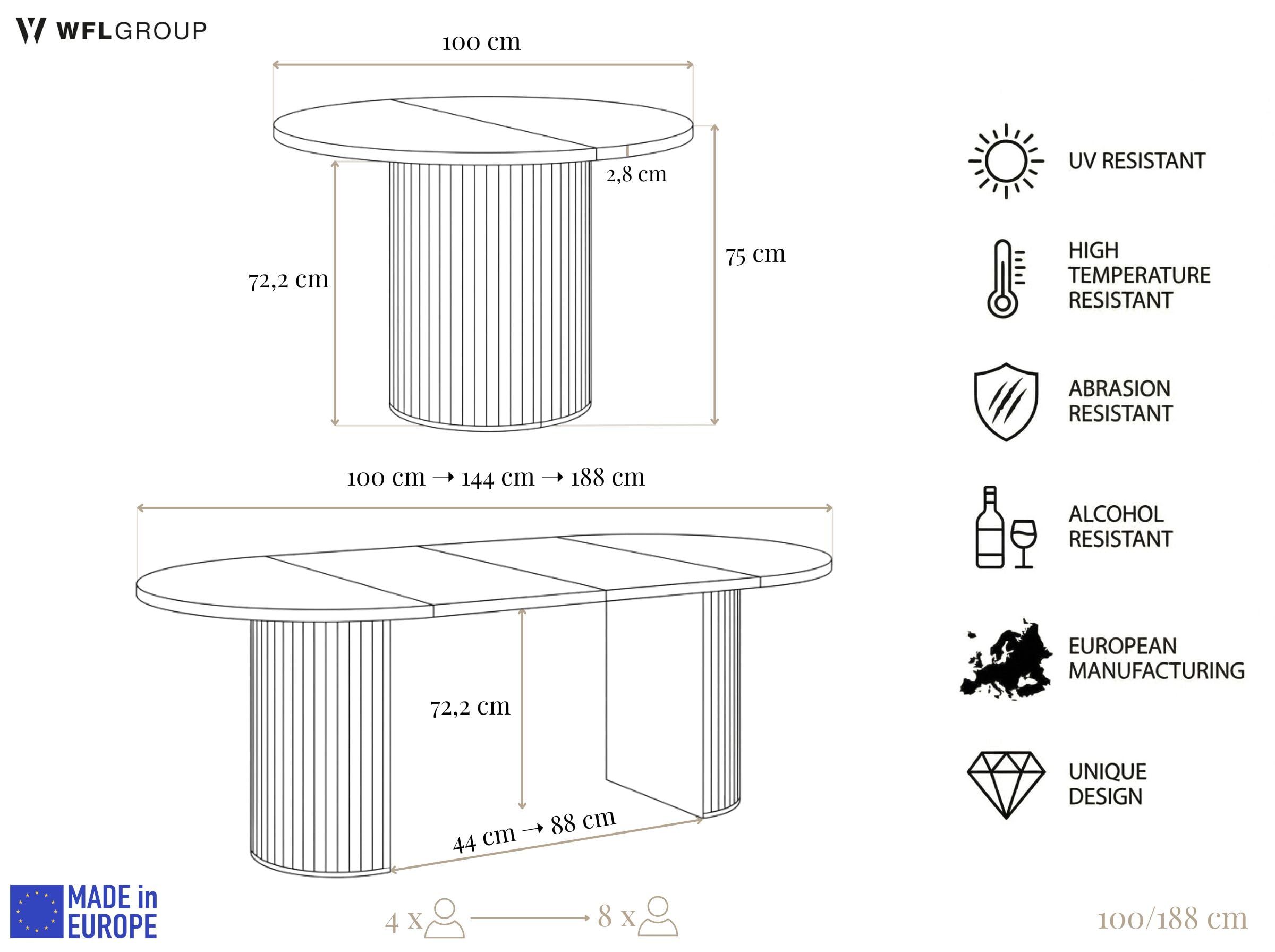 WFL GROUP Runder Esstisch Ausziehbar – von 100 cm bis 190 cm Verlängerbar – Esszimmertisch, Küchentisch in Lamellen-Optik, Oval, Säulentisch – Sandbeige