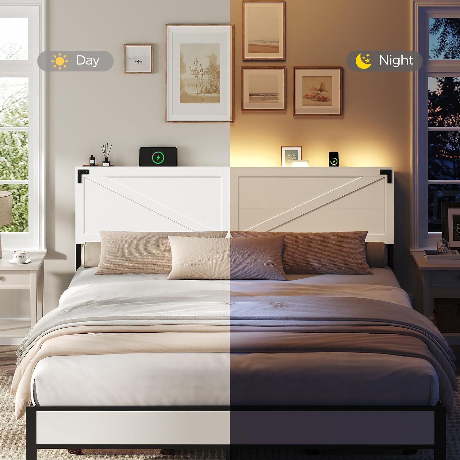 King Size Headboard Only, Headboard with 2 Outlets and 2 USB Ports, Farmhouse Headboard, with LED Lights, Secure Storage with Raised Fence, with Bed Frame Adapter, White and Black