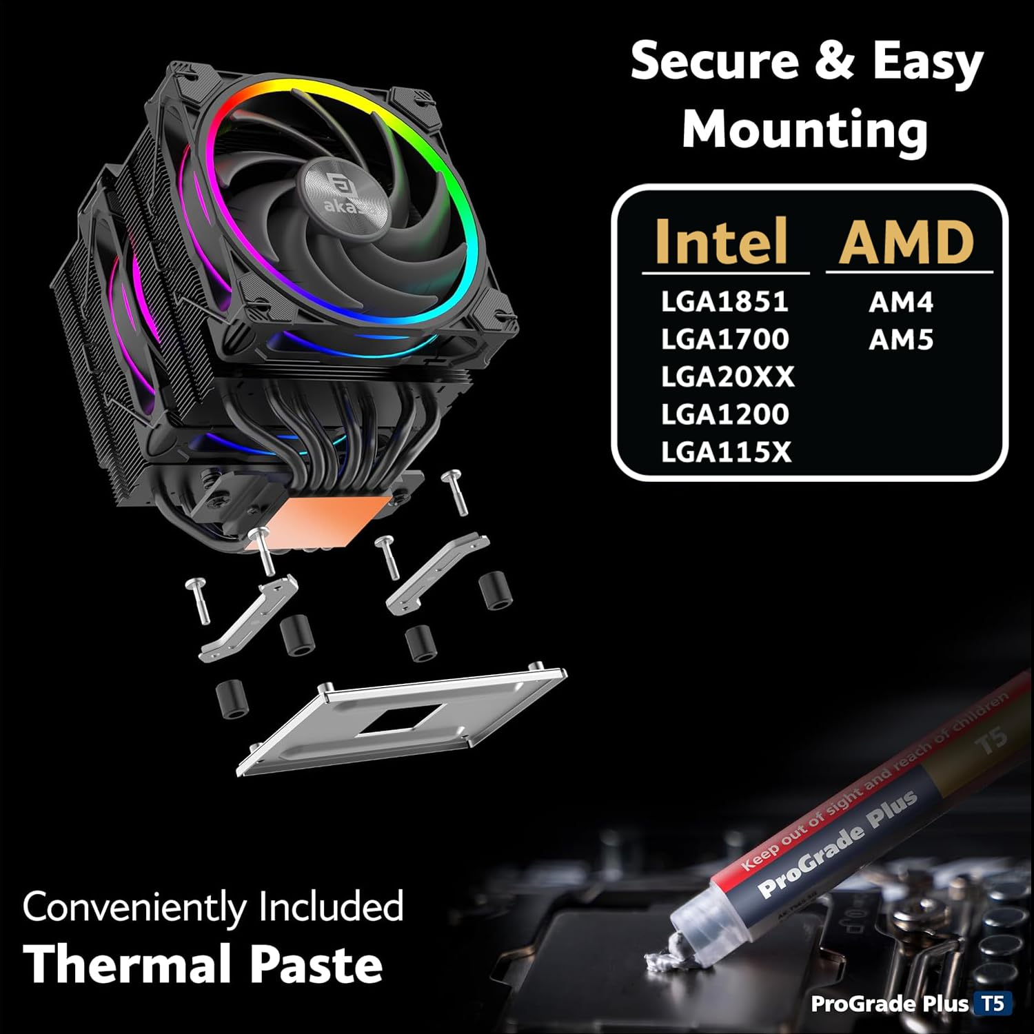 Akasa SOHO H7 Premium Dual Tower 7-Heatpipe chłodzenie procesora z adresowalną RGB, 250 W TDP, wentylator PWM 120 mm, obsługuje Intel LGA 1700/1200/115X/20XX AMD AM5/AM4, AK-CC4026HP01