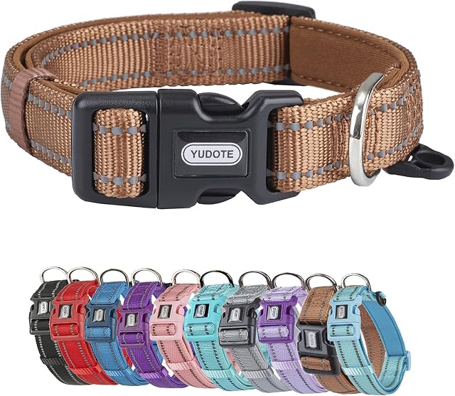 YUDOTE Dog Collar Strong Reflective Nylon Webbing with Soft Comfy Neoprene Padded Linning for Small Canines Daily Use,Brown