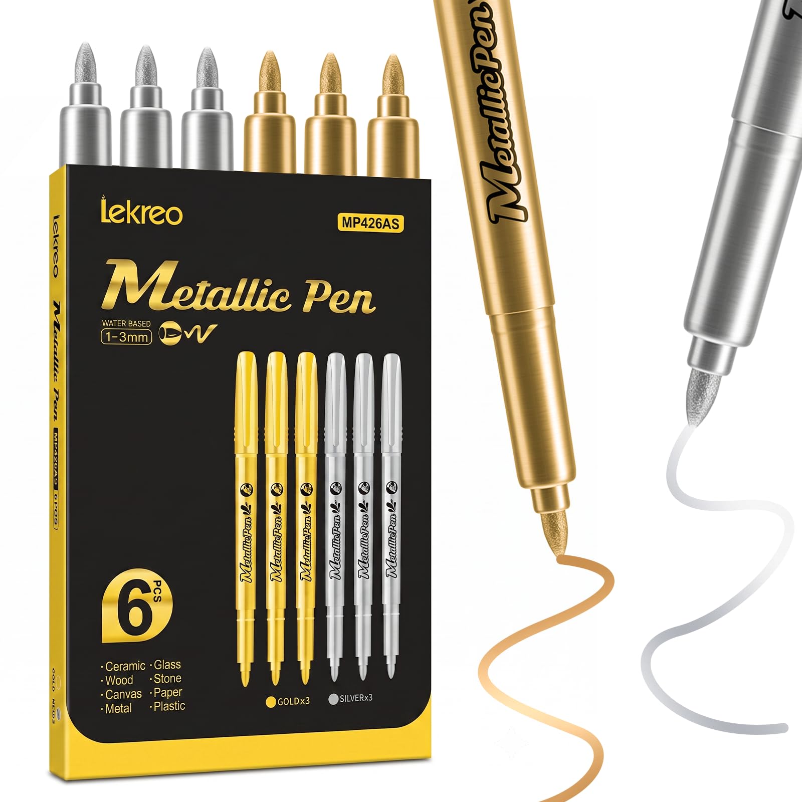 Lekreo Gold and silver metallic acrylic paint pens, 1mm nib, 6-piece pack