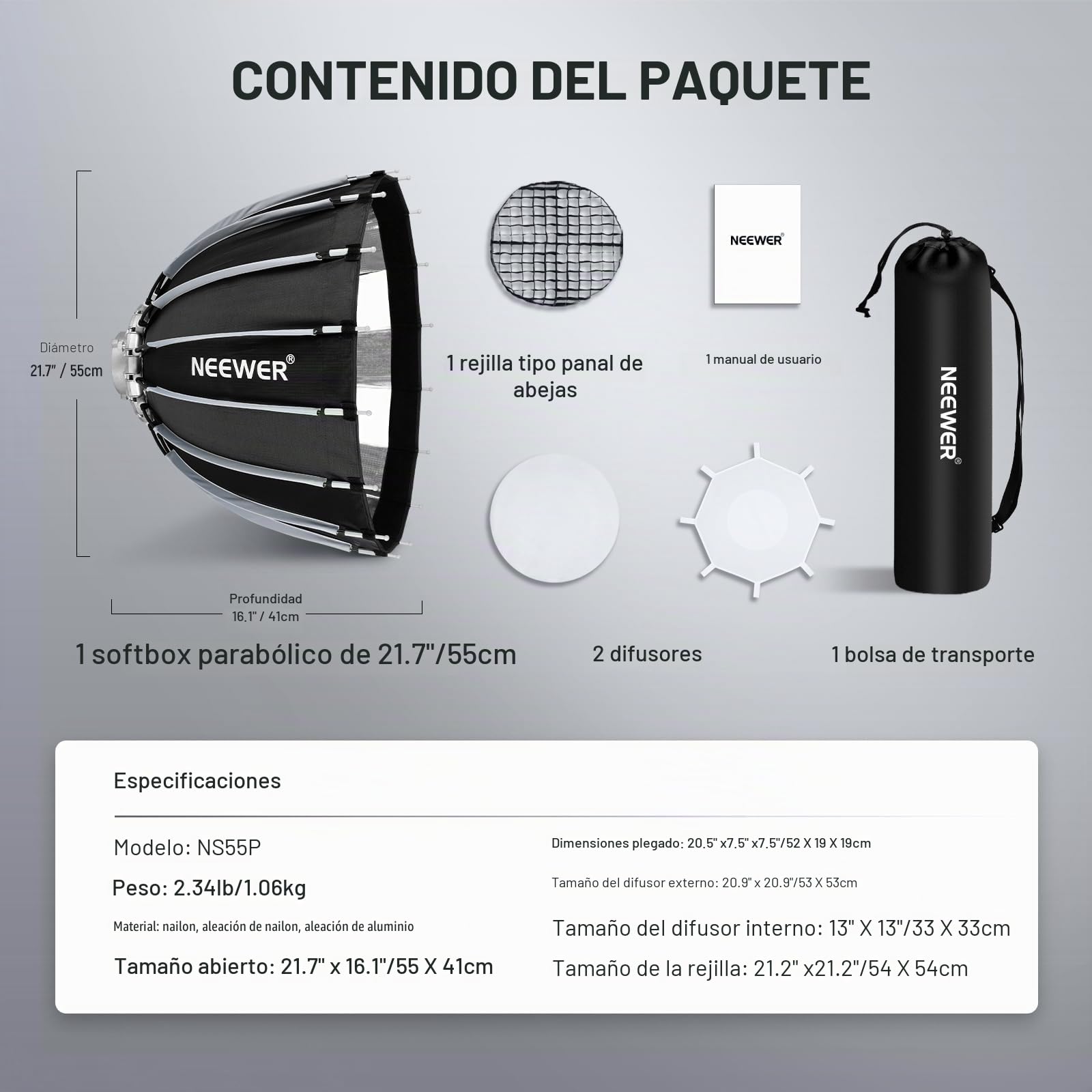 Neewer Caja de luz parabólica de 55 cm, instalación rápida, Plegable, con difusores/Rejilla/Bolsa, Compatible con Aputure 60X S 150c 300c RGB CB60 MS60B MS60C CB200B y Otras Luces de Montaje Bowens