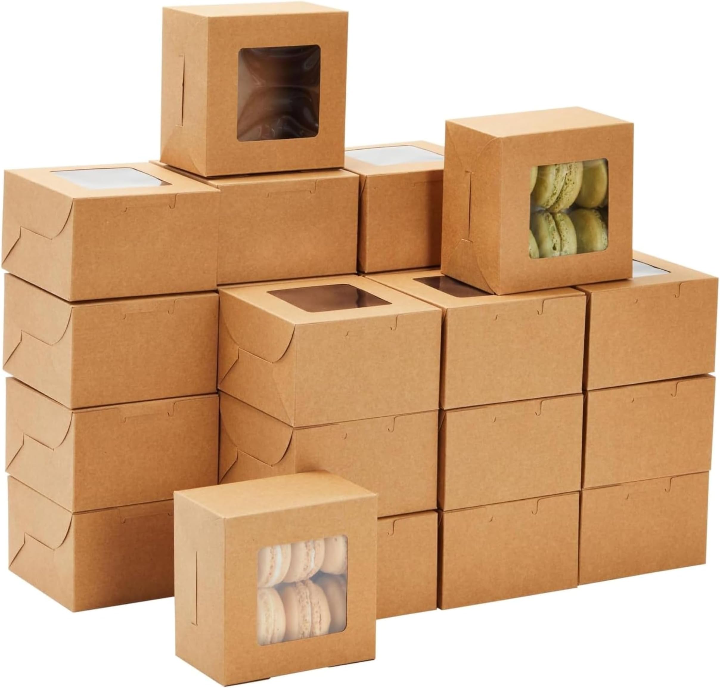 Juvale Cookie Boxes with Window - 50 Pack, 4 x 4 x 2.5 in Brown Cardboard - Pastry Containers & Cupcake Box for Baked Goods Packaging - Mini Treat Holders