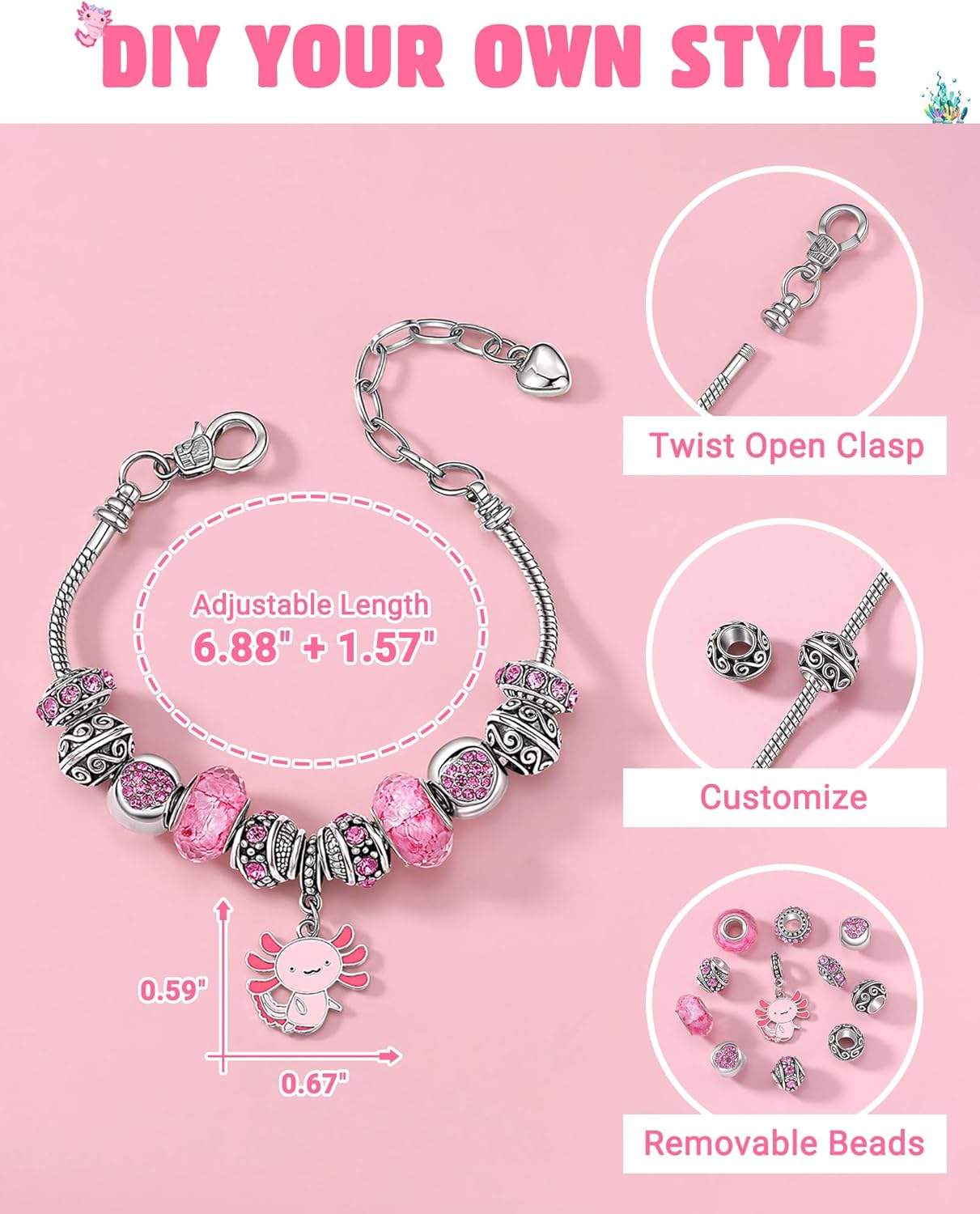 You Make Me Smile A-LOTL – Axolotl Charm Bracelets for Granddaughter, Jewelry Gifts for Birthday Christmas Valentines - Image 3