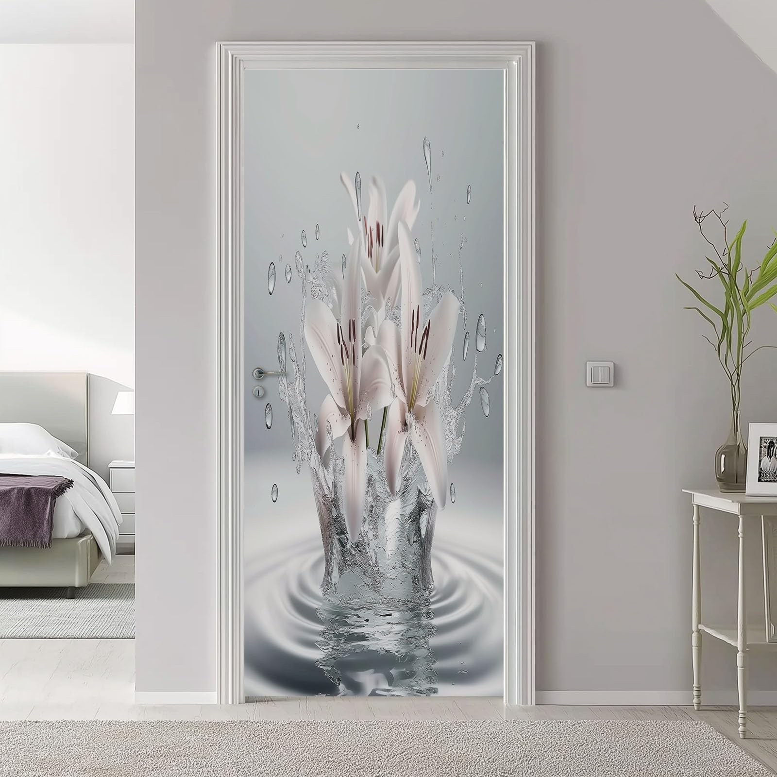 Adesivo Per Porte 3D Per Porte Interne, 80 x 210 cm 3D Piante Giglio Gocce D'Acqua Fotomurali Autoadesivi Impermeabile Porta In PVC, Carta Da Parati Soggiorno Cucina Camerette, Bianco Grigio