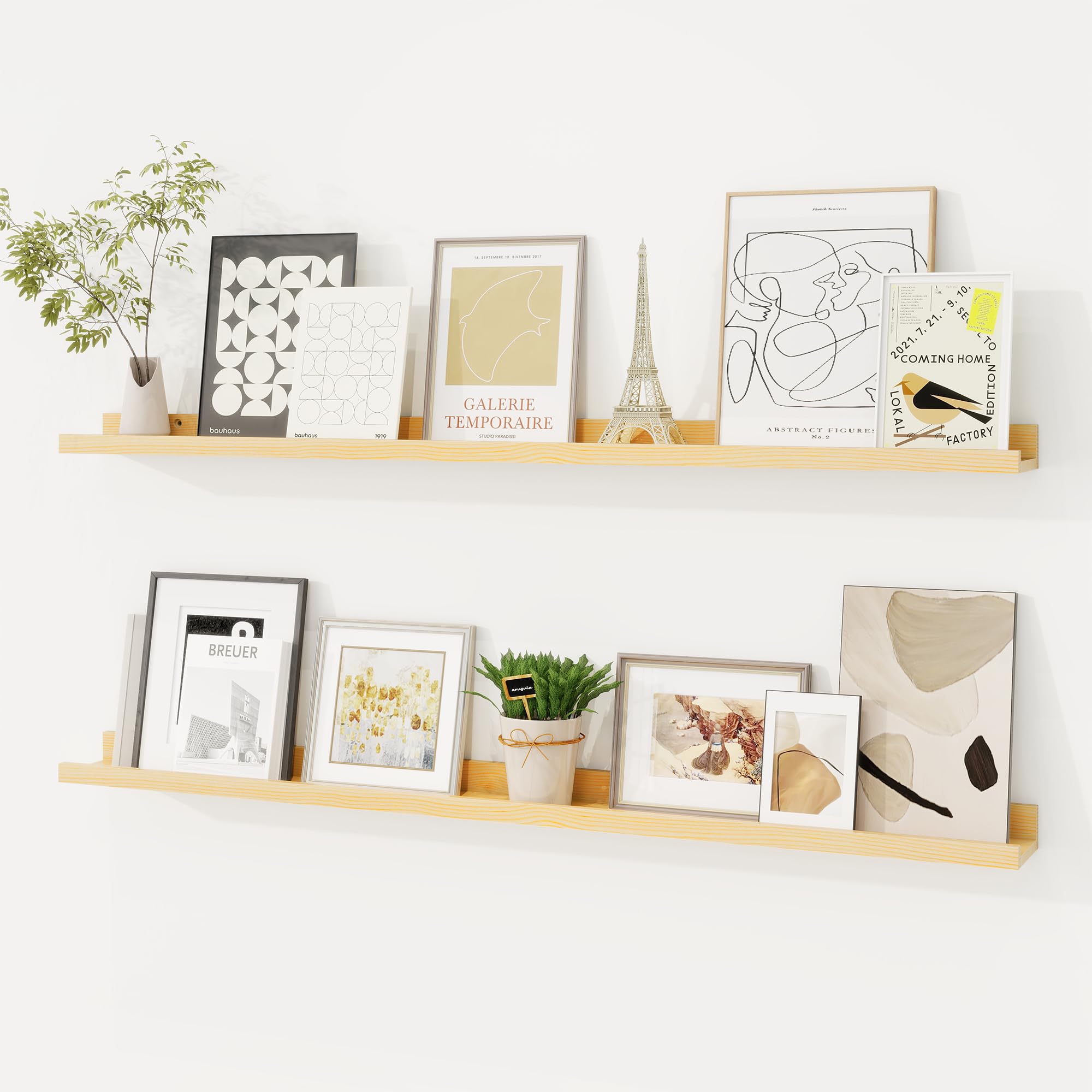 picture ledge shelf, solid pine wood floating shelves set of 2, 40 inches nursery book shelves for toys storage, kids bookshelf wall mounted for living room bedroom decor books photo frames, natural