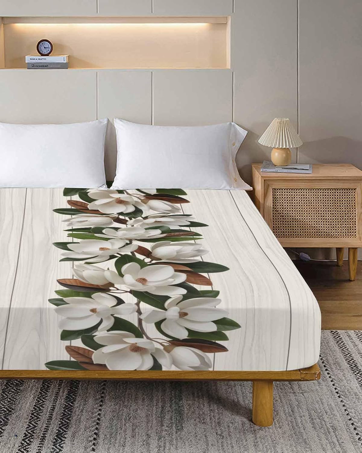 King Flat Sheet Top Sheet Only, Magnolia Plant Flower Soft Microfiber Breathable Bed Sheets, Farm Vintage Wood Grain Hotel Luxury Bedding Flat Sheets