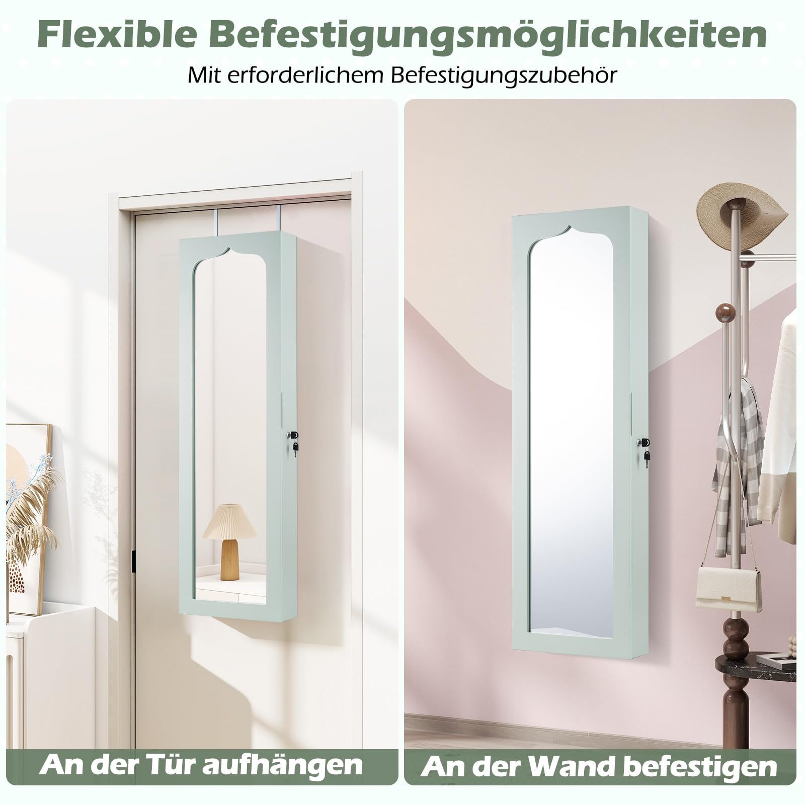 COSTWAY Schmuckschrank mit LED Beleuchtung, 6 Schubladen und Spiegel, Schmuck Sipegelschrank hängend, Hängeschrank für Tür und Wandmontage, abschließbar (Grün)