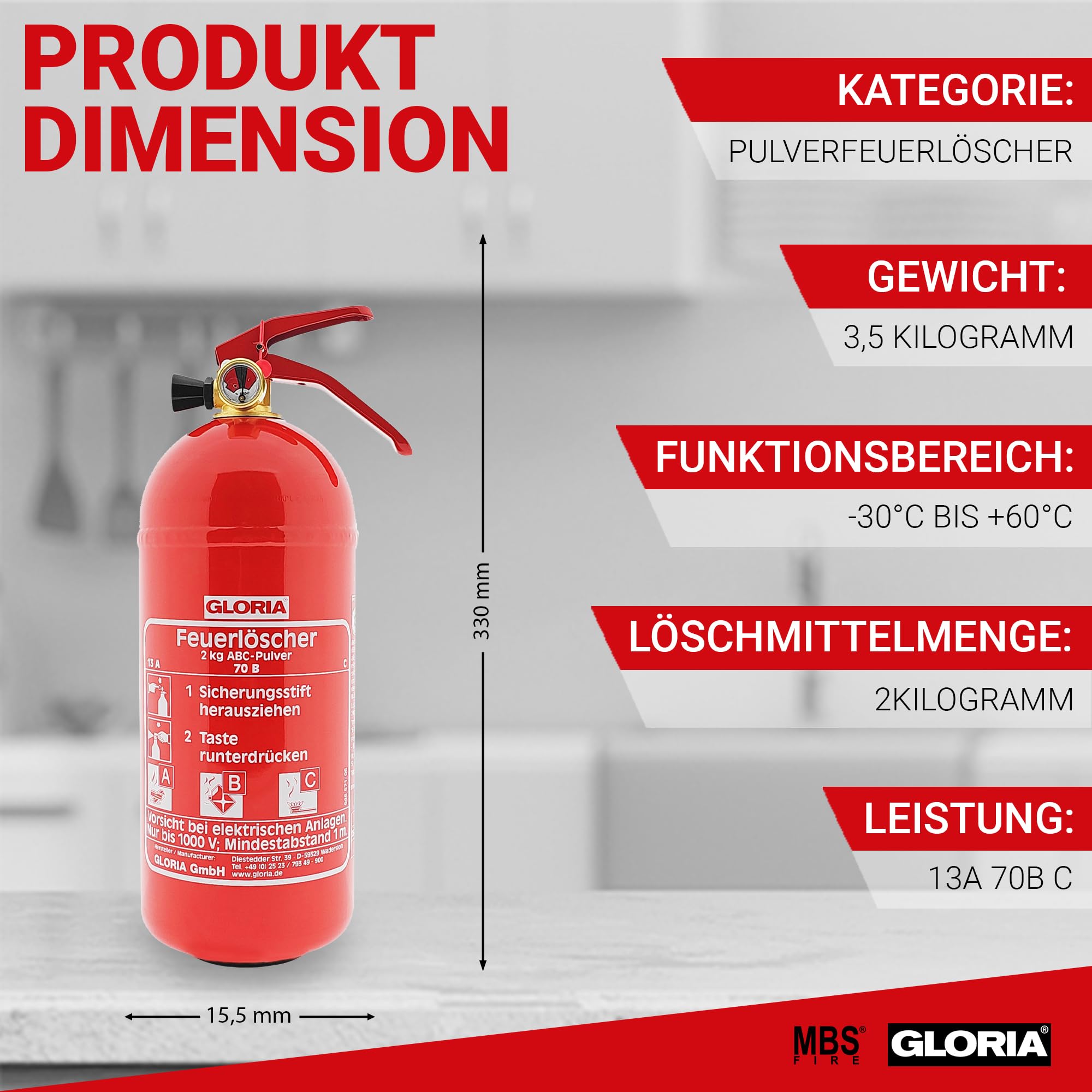 Gloria PD2GAM Extincteur à poudre avec manomètre 2 kg Classe d'incendie : A, B, C Contenu : 1 pièce