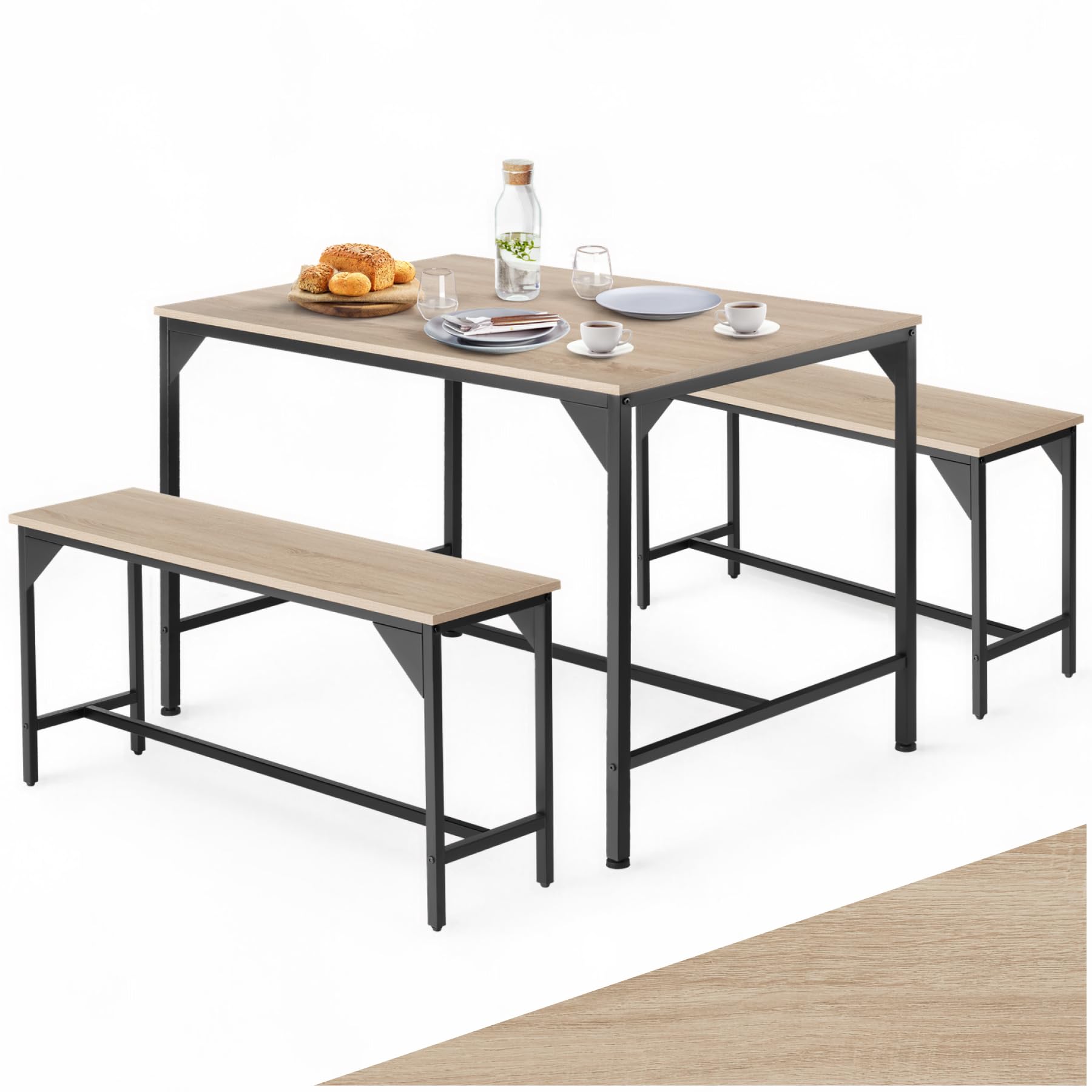 tectake® Ensemble Table et Banc Salle à Manger en Bois et Acier Table de Salle à Manger 2 Bancs Style Industriel Scandinave - Chêne Sonoma/Marron Clair Industriel