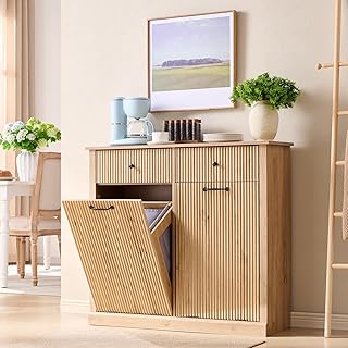 Modern Double Tilt-Out Trash Cabinet, 20 Gallon Fluted Laundry Hamper Cabinet with 2 Drawers, Wooden Hidden Garbage Can Cabinets with Storage Basket for Kitchen & Living Room, Natural Oak