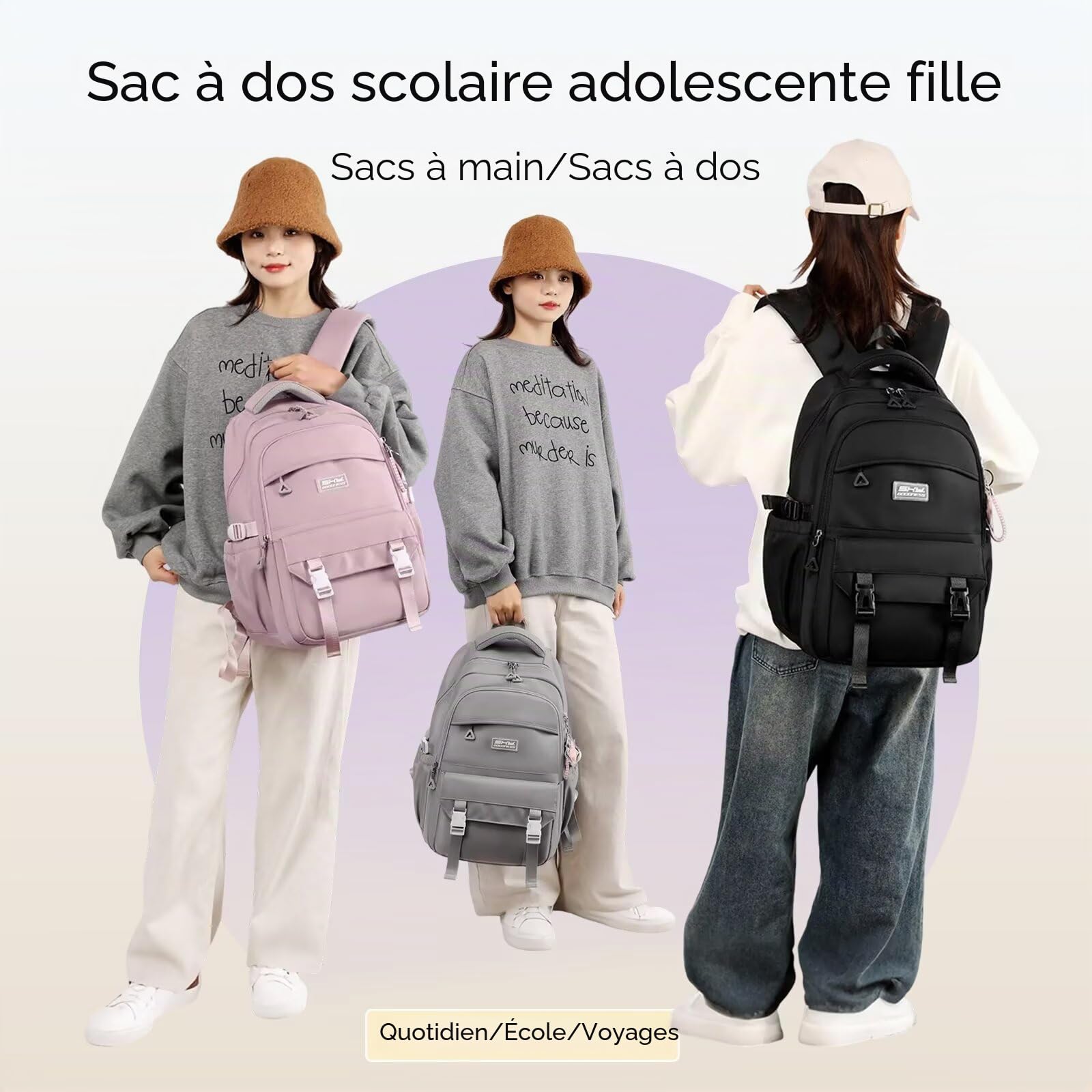 Sac a dos College Fille avec Pendentif Imperméable Nylon,Noir