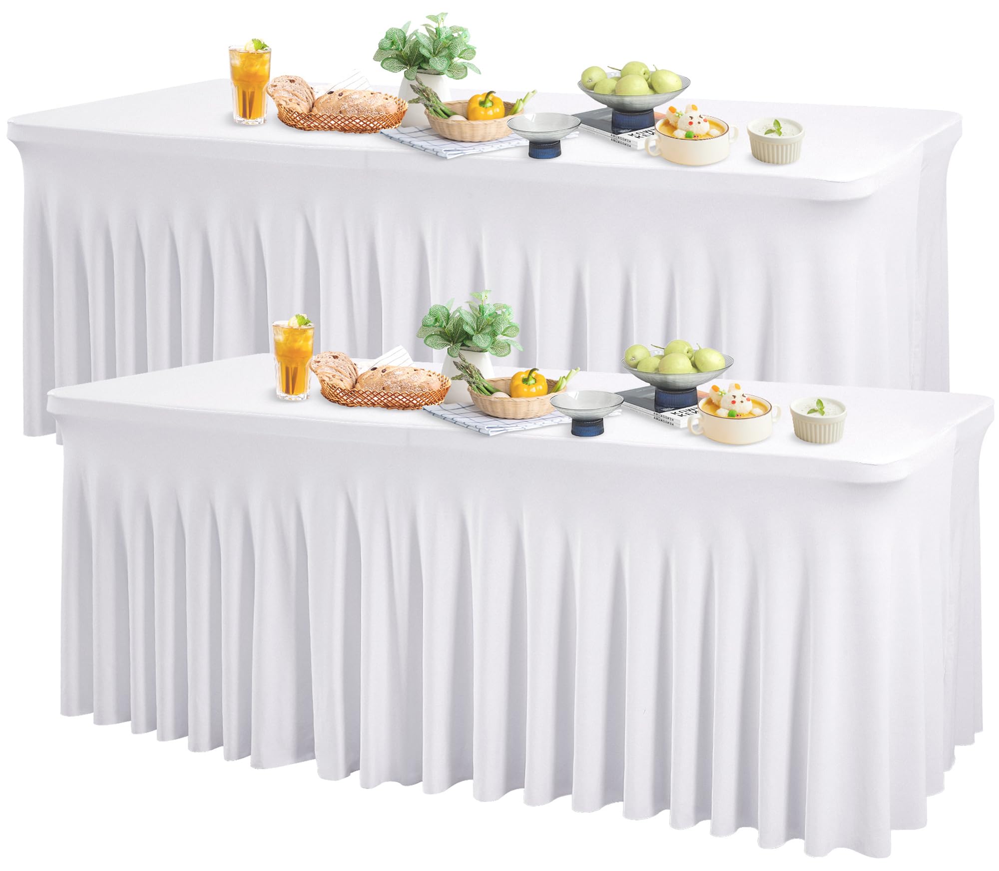 Wish Care 2 Pack White Spandex Table Clothes for 6 Foot Rectangle Tables, 6FT Wrinkle Free Fitted Tablecloths Ruffles Design Table Cover for Party, Banquet, Wedding and Events