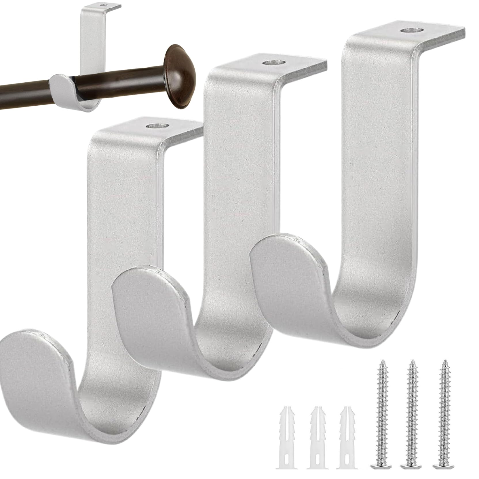 Bonalake 3Pcs Curtain Rod Bracket, Ceiling Mounted Curtain Rod Brackets, Heavy Duty Metal Single Rods Hooks Hanger Fit for 1 Inch Drapery, Silver Ceiling Mounted