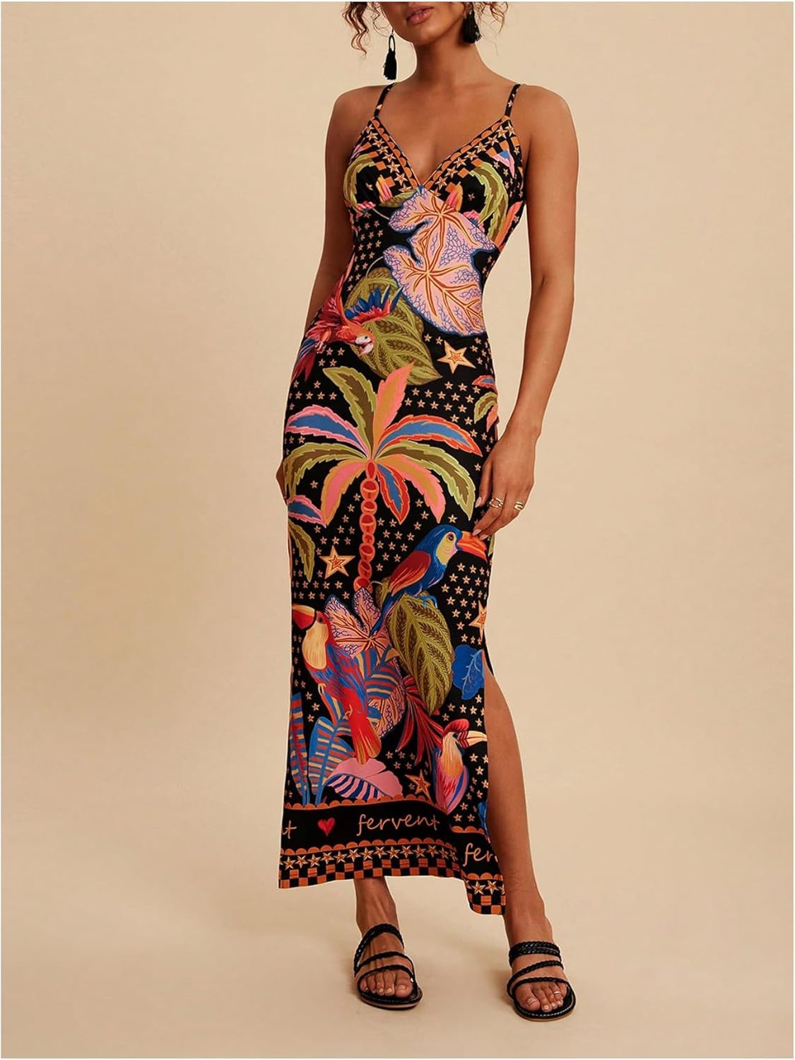 Women's Tropical Graphic V Neck Midi Dresses Sleeveless Split Beach Vacation Cami Dress - Image 5