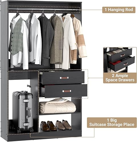 Miniatura 5 de Armocity Sistema de Armario Independiente con Almacenamiento de Maletas, Armario Independiente de 40 Pulgadas con 2 Cajones de Madera, Perchero