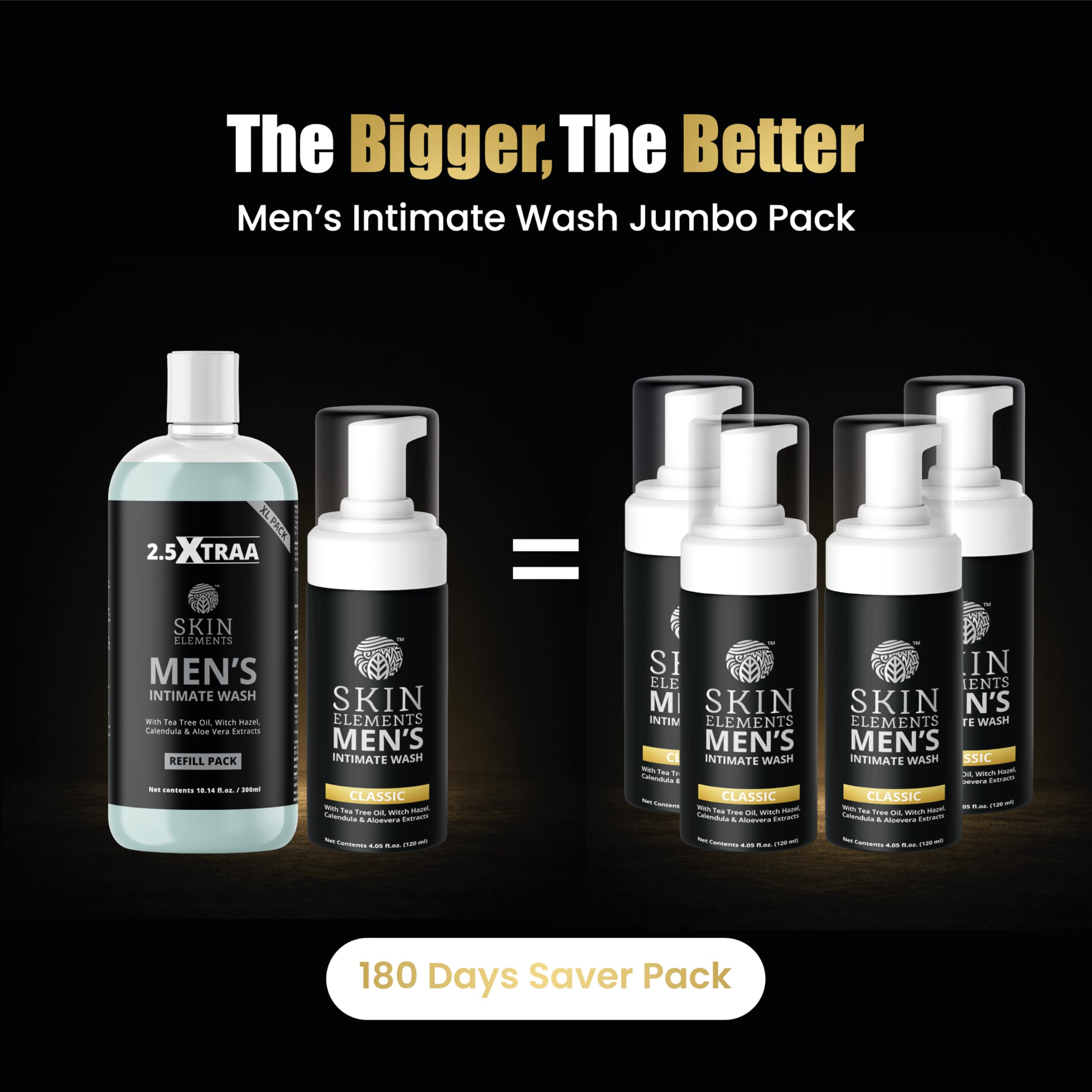 Skin Elements Jabón de higiene íntima para hombre, paquete grande, con recambio, durante 180 días, 14.2 onzas líquidas, lavado espumoso equilibrado de pH | Controla el mal olor | con aceite de árbol