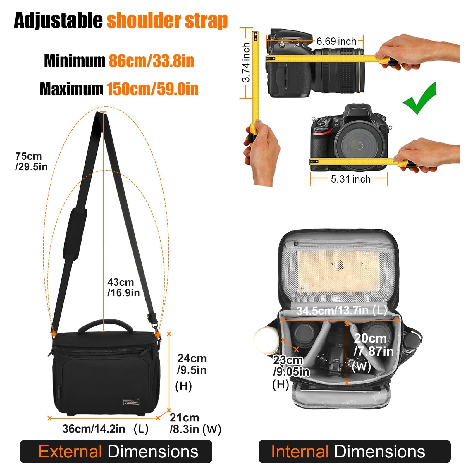 Cwatcun fotocamera borsa fotocamera SLR, borsa fotografica impermeabile per fotocamere reflex per Canon, Nikon, Sony, Fuji piccola DSLR/SLR e obiettivo, Nero, L