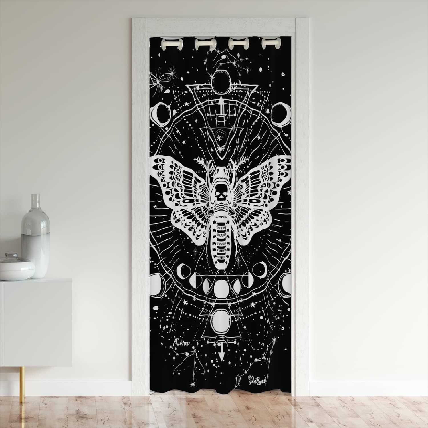 Boho Moth Privacy Door Curtain, Boys Gothic Skull Blackout Curtain for Closet, Bohemian Moon Starry Sky Doorway Curtain, Exotic Moth Skull Skeleton Bones Window Treatment, Black White 52"W X 80"L
