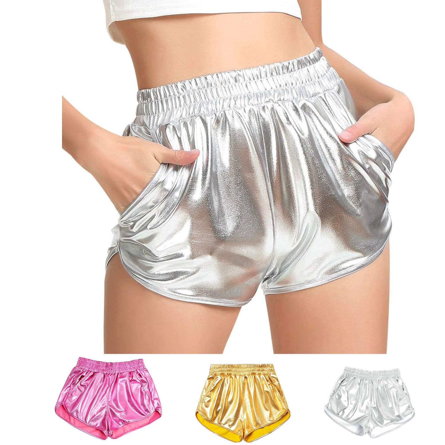 HIGOFASHIONWomen's Metallic Shiny Shorts Sparkly Rave Yoga Hot Short Booty Outfits Pants