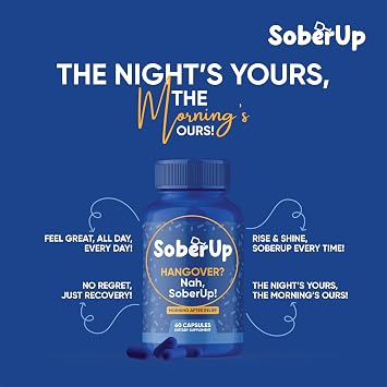 SoberUp Recovery Boost Hydration, Electrolytes, Antioxidants, Herbal Wellness Blend DHM, Milk Thistle, Vitamin B Complex - Supports Morning After Clarity, Energy, Rejuvenation Vegan 60 Count