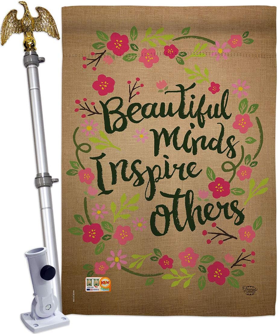 Beautiful Minds Inspire Others House Flag Dowel Set Garden Floral Sunflower Tulip Rose Orchid Lilies Season Springtime Flower Wreath Small Decorative Gift Yard Banner Made In USA 28 X 40