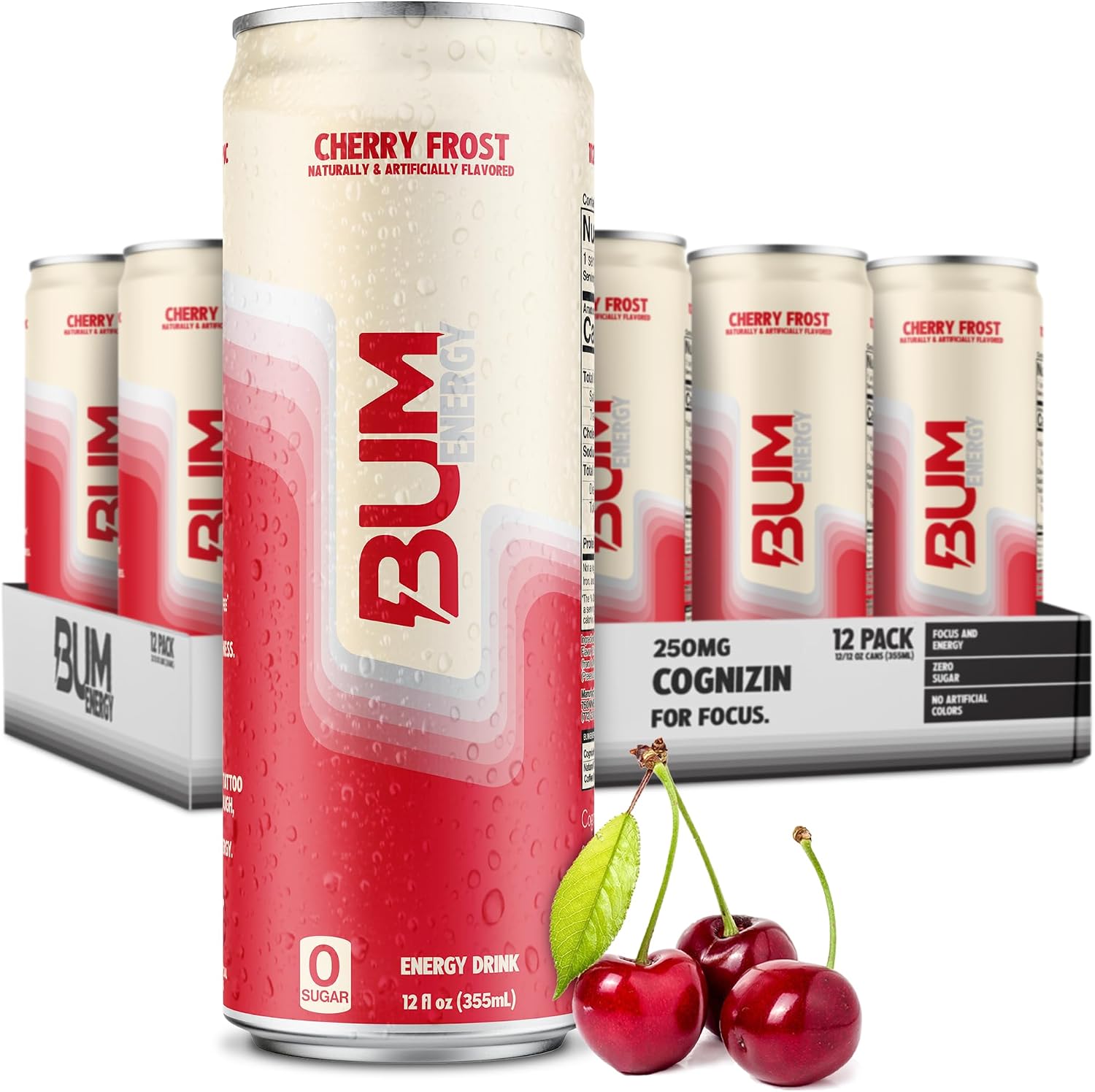 BUM Sugar-Free Energy Drink, Cherry Frost - Lightly Carbonated & No Artificial Colors, Natural Caffeine & Citicoline for Energy & Focus, Brain Boost & Workout Sports Beverage - 12 oz, Pack of 12
