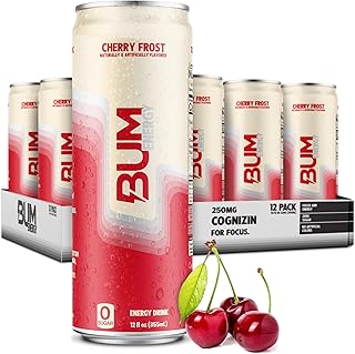 BUM Sugar-Free Energy Drink, Cherry Frost - Lightly Carbonated & No Artificial Colors, Natural Caffeine & Citicoline for Energy & Focus, Brain Boost & Workout Sports Beverage - 12 oz, Pack of 12