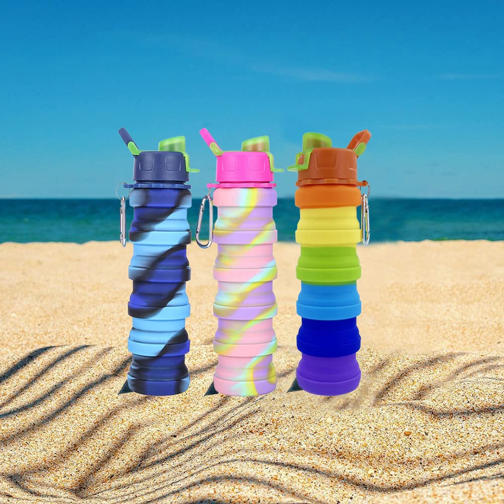 Faltbare Wasserflaschen, Silikon-Wasserflasche mit Karabiner, erweiterbare Wasserflasche, 500 ml, tragbare Sport-Trinkflasche für Reisen, Camping, Blau / Camouflage / Pink
