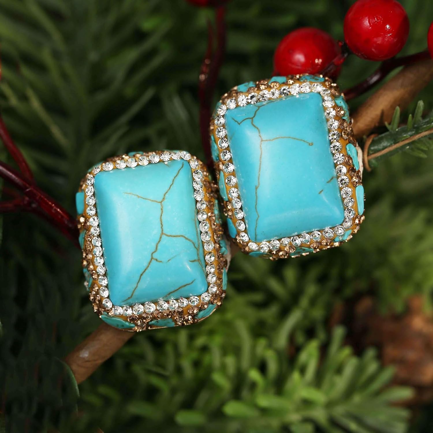 HZMAN Turquoise Earring for Women Retro Antique Chunky Earring Cubic Zirconia Bohemian Square Turquoise Stone Stud Earring Jewelry Gift - Image 4