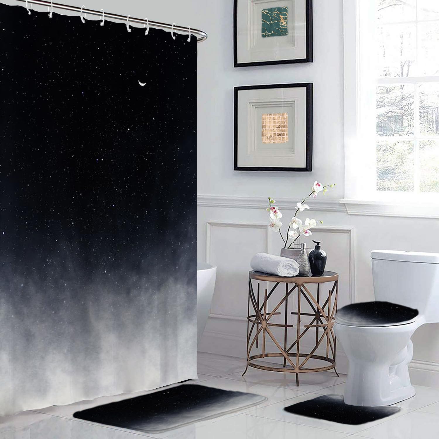 4 Pcs Starry Sky Black Shower Curtain Sets with Non-Slip Rugs, Stars and New Moon Bathroom Curtain Night Starry Sky Shower Curtain Sets,72" x 72"in