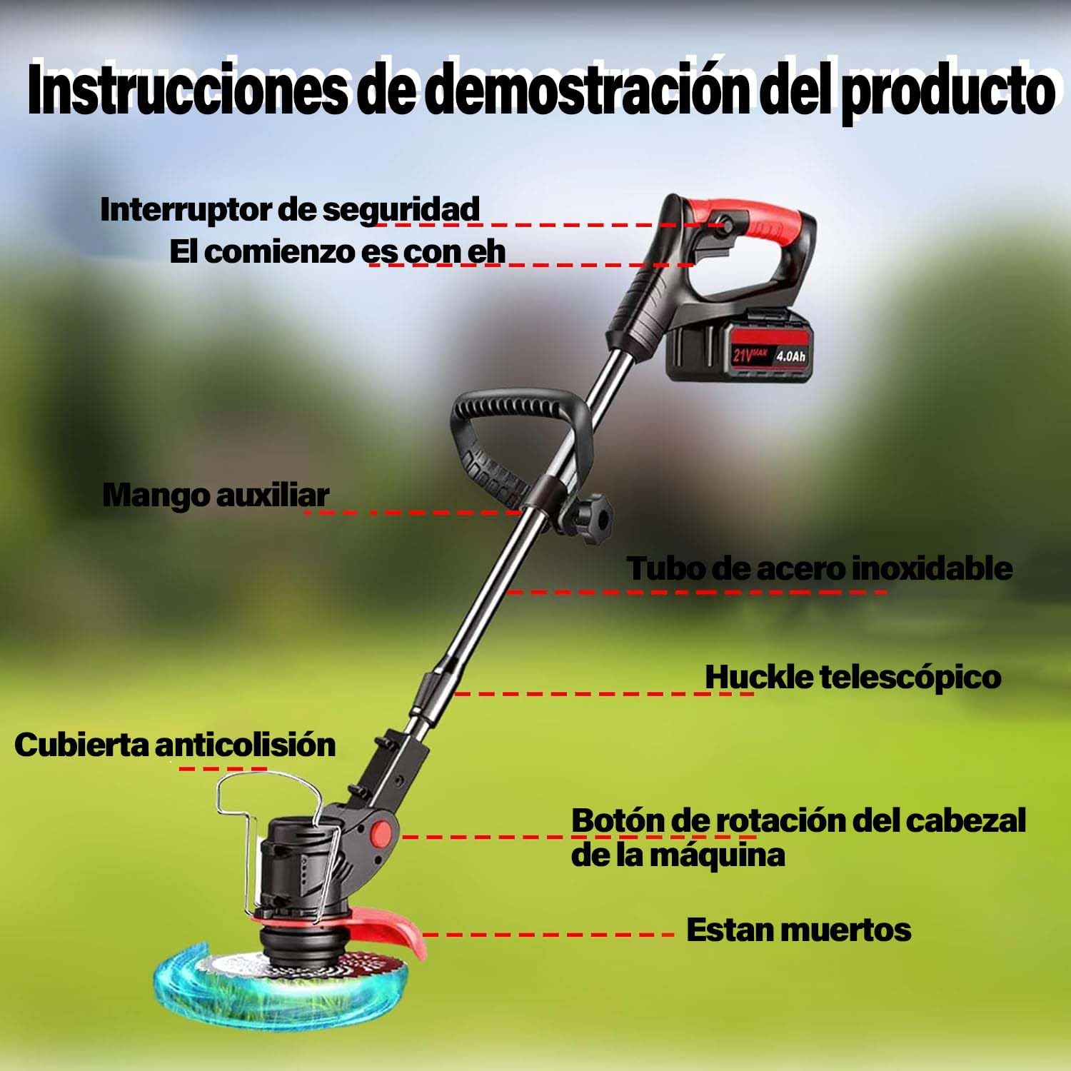 Desbrozadora Batería, Desbrozadora Electrica, Batería 21V, (2 baterías de 4,0 A y Cargador rápido), Podadora Electrica Bateria/Mini Desbrozadora, Corte de 40 Minutos, Carga