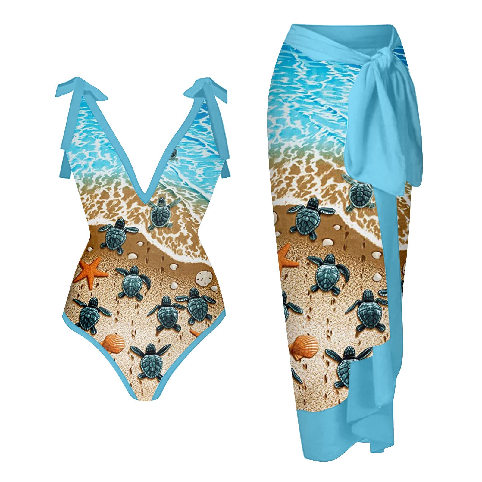 Early Cyber of Monday 2024 Womens One Piece Swimsuit Vintage Floral Retro Bikini Set w Cover Up Two Piece Bathing Suits Monokini w Sarong
