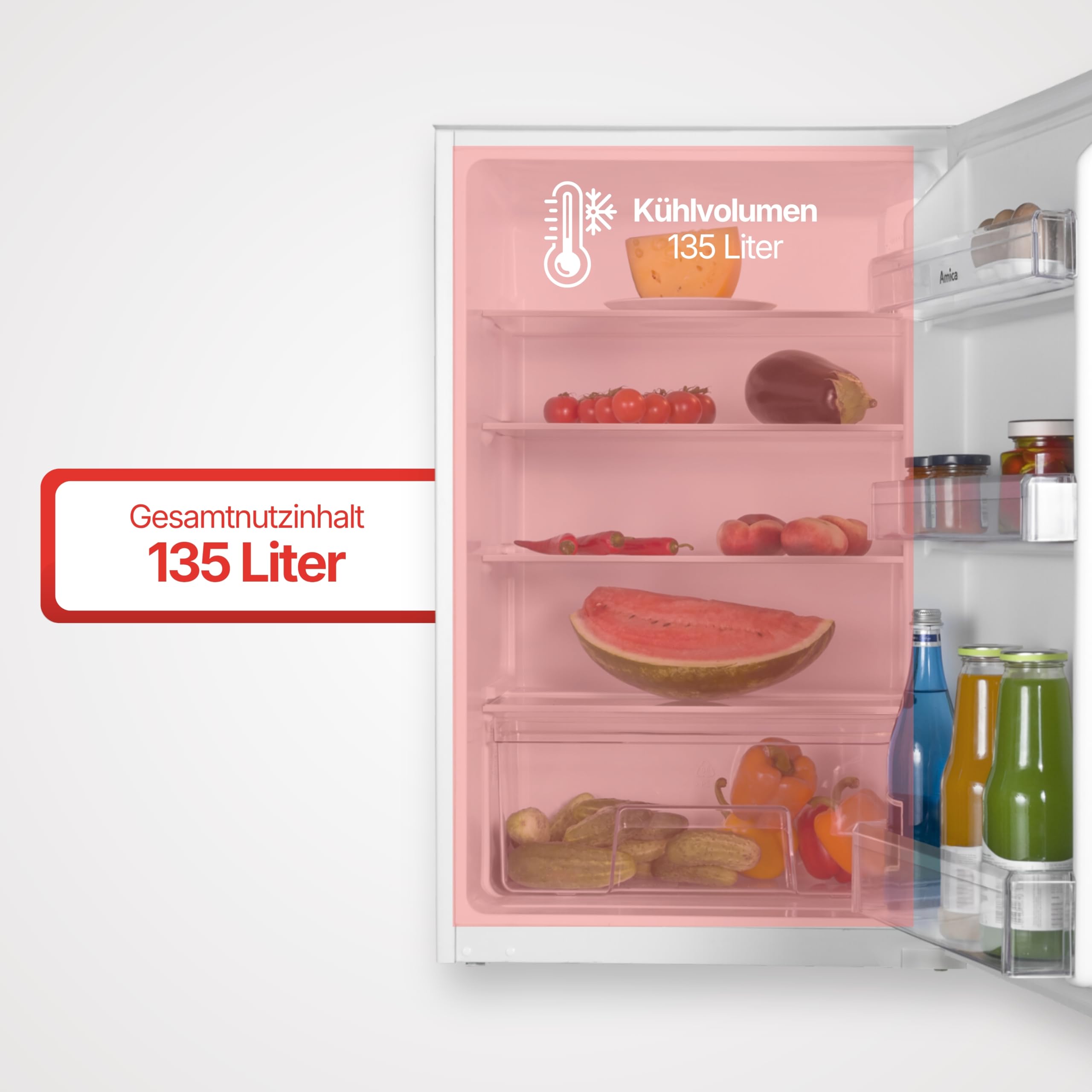 Amica EVKS 16172-1 Einbaukühlschrank 88 cm Nische Schlepptür Inverter Kompressor 135 L LED Beleuchtung Tür-Offen-Alarm